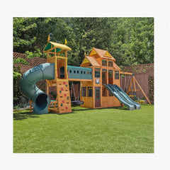 huge size KidKraft Bear Cave Lodge wooden play Swing Set with 2 Swings 2 slides and climbing structures in a backyard setting.