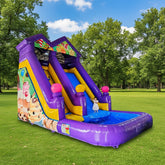 Colorful inflatable slide with cartoon characters
