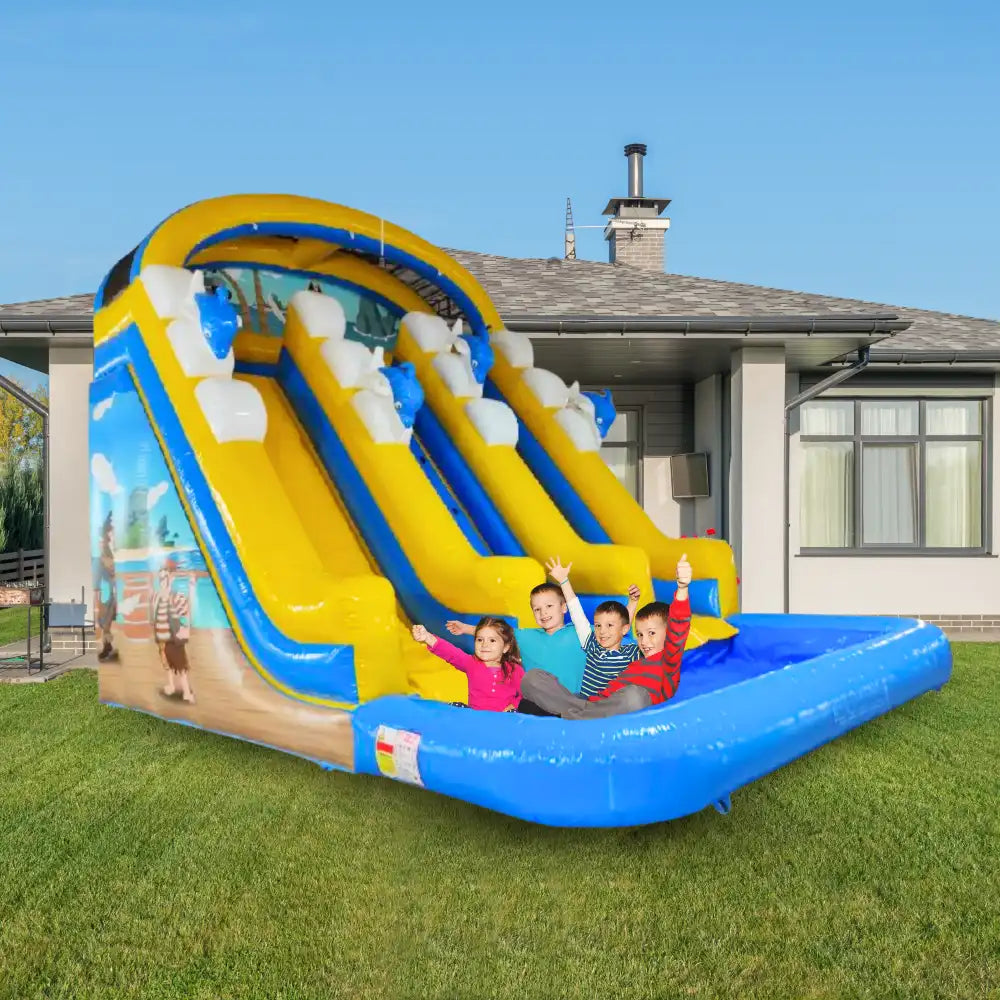Inflatable water slide with children playing in front of a house
