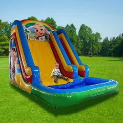 Colorful inflatable slide with cartoon character