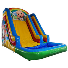Colorful inflatable slide with cartoon character
