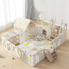 Baby playpen with ball pit swing playhouse storage for toys & basketball - beige color