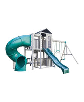 Kidkraft Wrangler Way Swing Set, Wooden Playhouse & Slides Children's playground with green slides