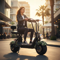 Black electric scooter with camouflage pattern on wheels and seat
