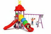 Colourful playground set with slide, tunnel, and swings