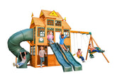 KidKraft Falcon Ridge Wooden Swing Set and Playset with Kitchen Children playing on a wooden.