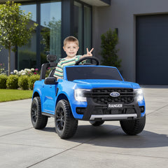 Child sitting in a blue Licensed Ford Ranger Ride on Car for Kids