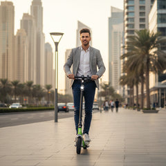 Young professional adult riding Argento Active EVO Electric Scooter - WHITE with green and grey