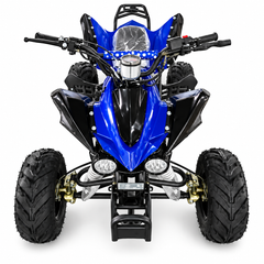 A blue and black mini ATV with rugged black tyres