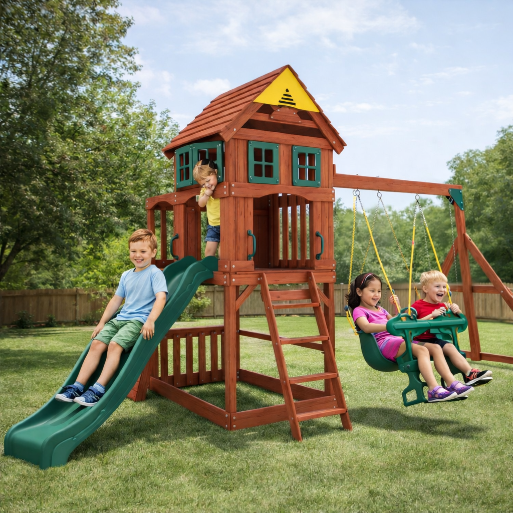 Children playing on a Kiddoro Playful Peaks with a slide and swings in a backyard.