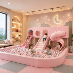A children's indoor play area with a large pink ball pit, slide, stairs, and cloud-and-moon wall decor, shown with several children playing in a softly lit room.