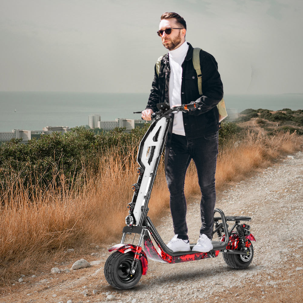 Fat tire foldable electric scooter 48 v with led smart lights - Flame red