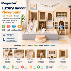 Megastar wooden playhouse with children playing inside, along with a feature