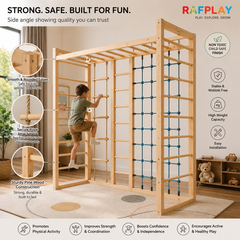 Customised wooden climbing indoor gym with a child climbing on the climbing rope ladder on a swedish wall bar