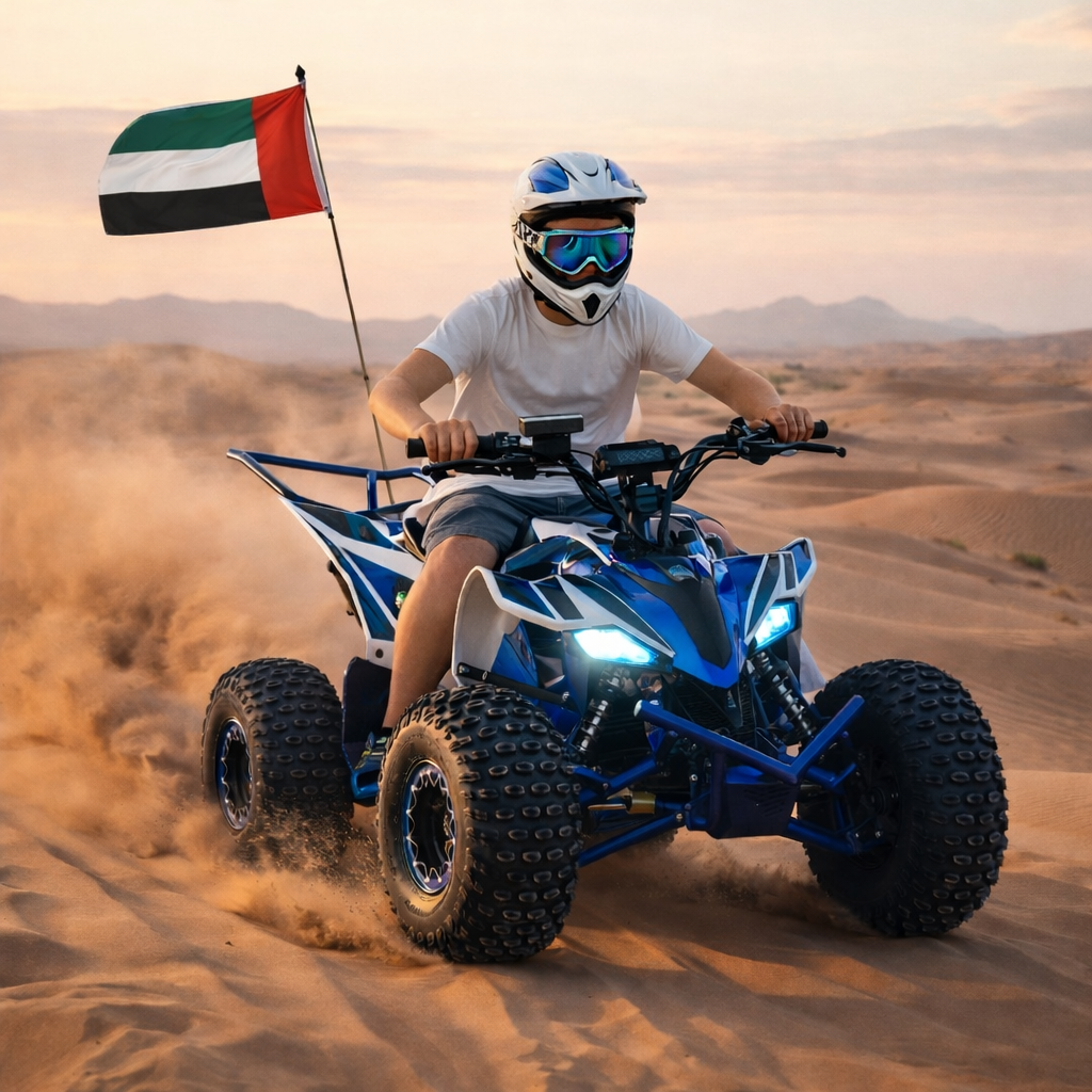 Person riding a blue Nitron Plus Electric ATV Power Off-Road Quad Bike in the desert with a UAE flag