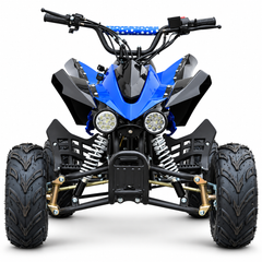 Front view of a blue and black quad ATV with knobby tyres, dual round headlights