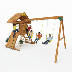 Kiddoro Hilltop Heights Swing Set with climbing wall, slide swings , trapeze bar and a treehouse