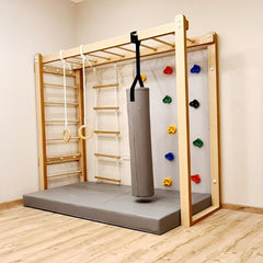 Children's play with a climbing wall, monkey bars, and a punching bag