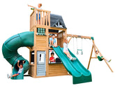 KidKraft Summit View Swing Playset Children playing on a wooden playset with green slides and swings.