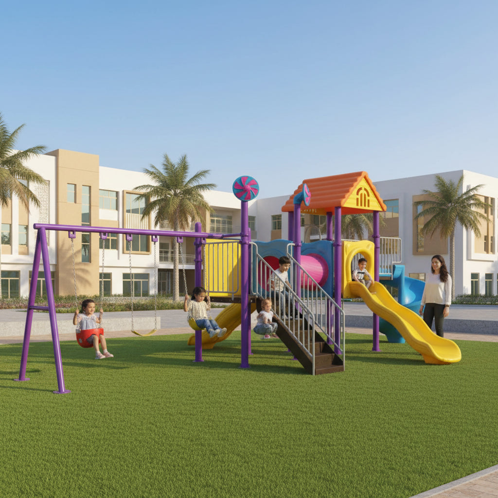 Kids playing Discovery Playland With 3 Swings and 2 Slides