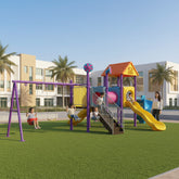 Kids playing Discovery Playland With 3 Swings and 2 Slides