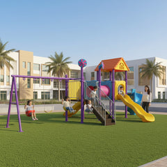 Kids playing Discovery Playland With 3 Swings and 2 Slides
