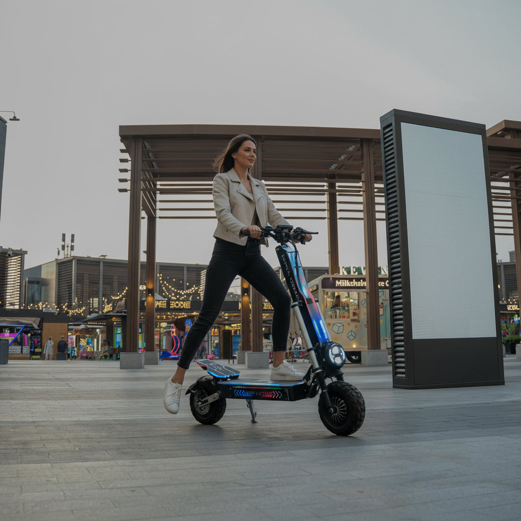 Woman riding an electric scooter in an urban Area