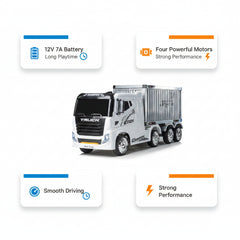 A Side View of white Battery Powered Towing Container Ride-On 12 v Truck 4x4 with Remote Control with Feathers