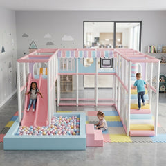 Multi Colour Pink,blue ,white Megastar Kidzora Mega Play Arena – Premium Kids Indoor commercial Playground with Slide, Ball Pit & Basketball Hoop, 6.0m × 5.0m × 2.5m while 3 kids playing in it