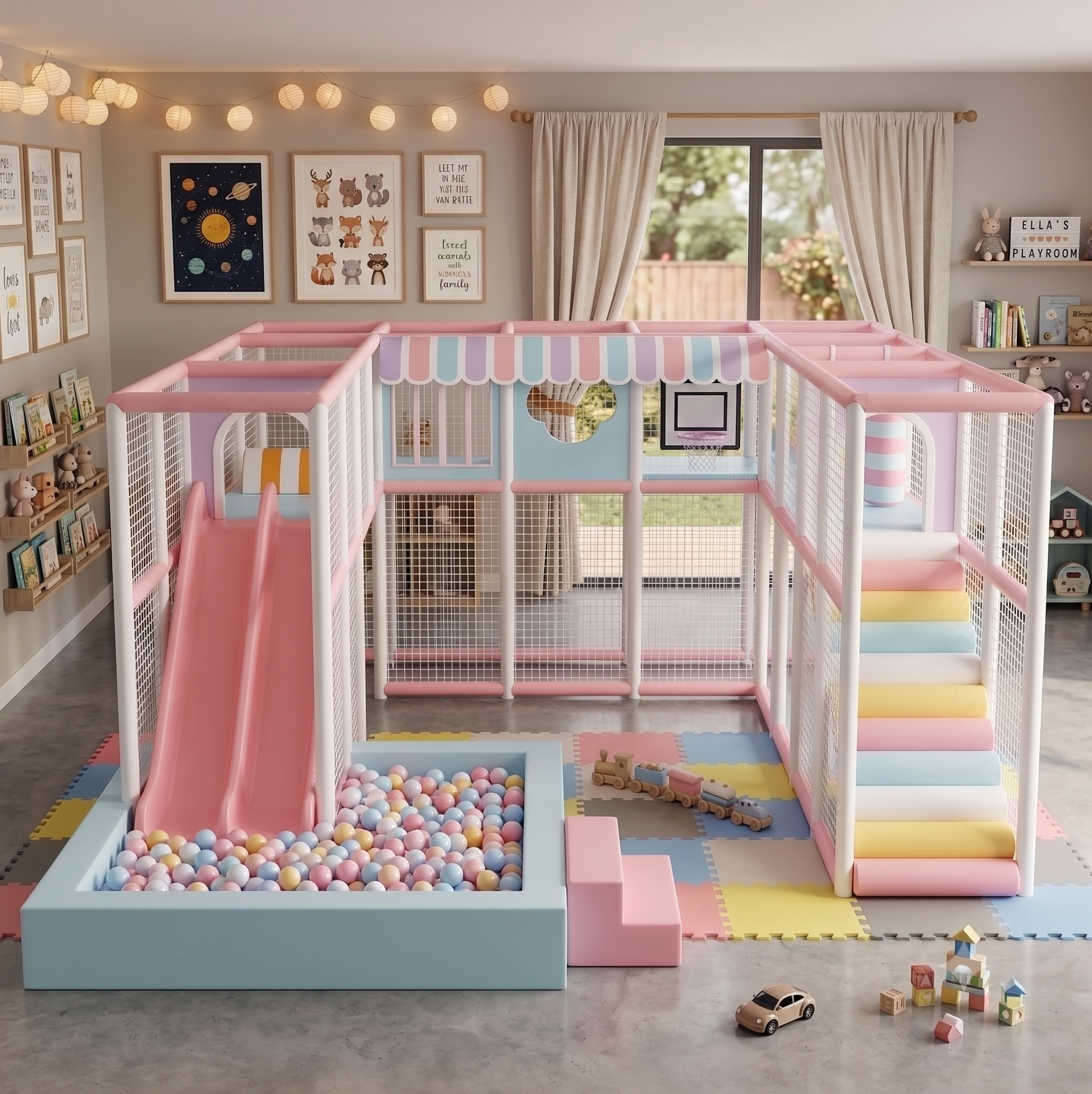 Multi Colour Pink,blue ,white customised Megastar Kidzora Mega indoor soft Play Arena – Premium Kids Indoor Playground with Slide, Ball Pit & Basketball Hoop, 6.0m × 5.0m × 2.5m