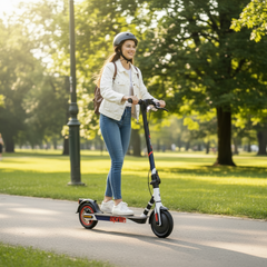 Women ride on an electric scooter in the park