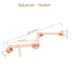A wooden snake-shaped balancer toy with overlaid dimension