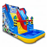 Colorful inflatable water slide with slide, pool, and castle design