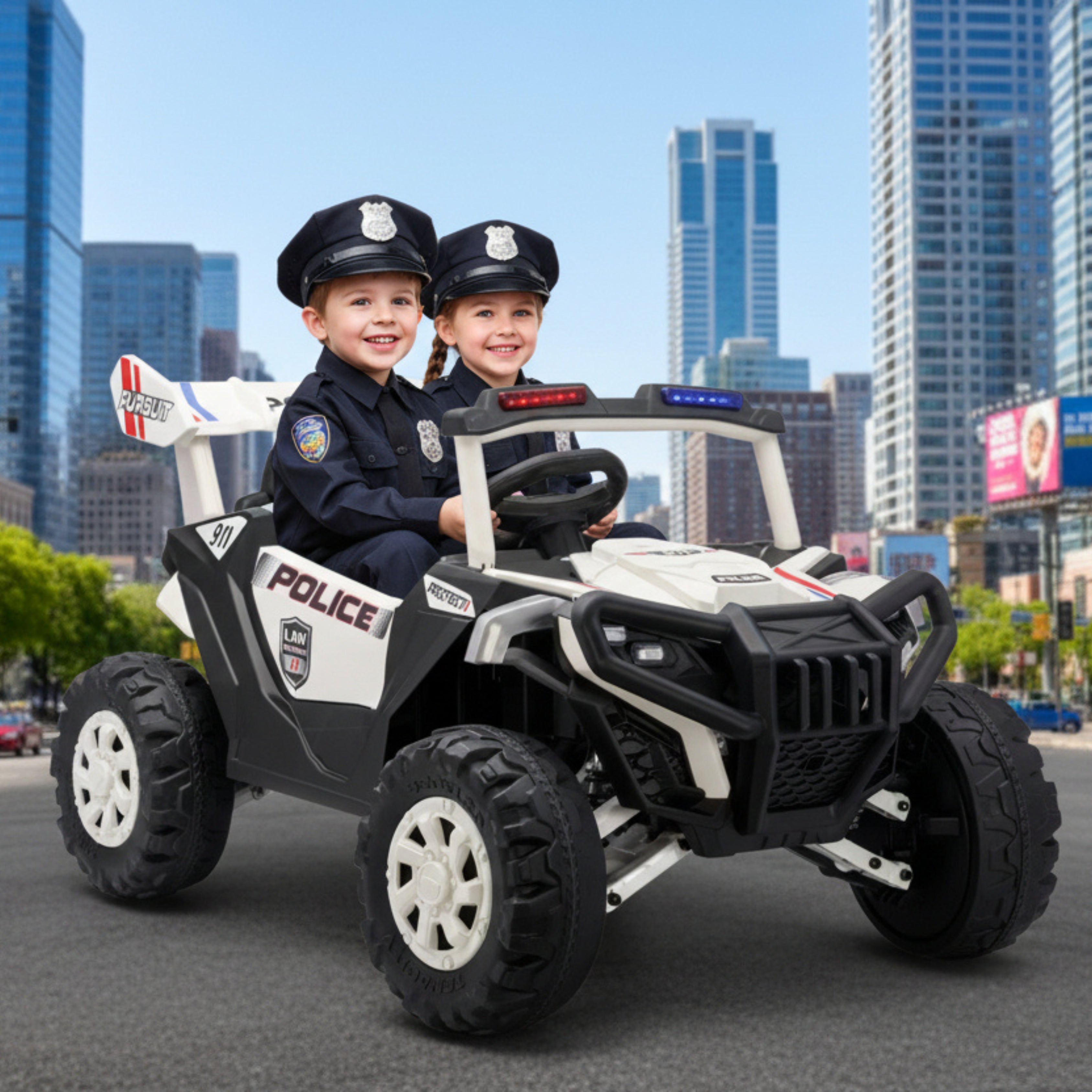 Two children in police uniforms sitting in a toy police car
