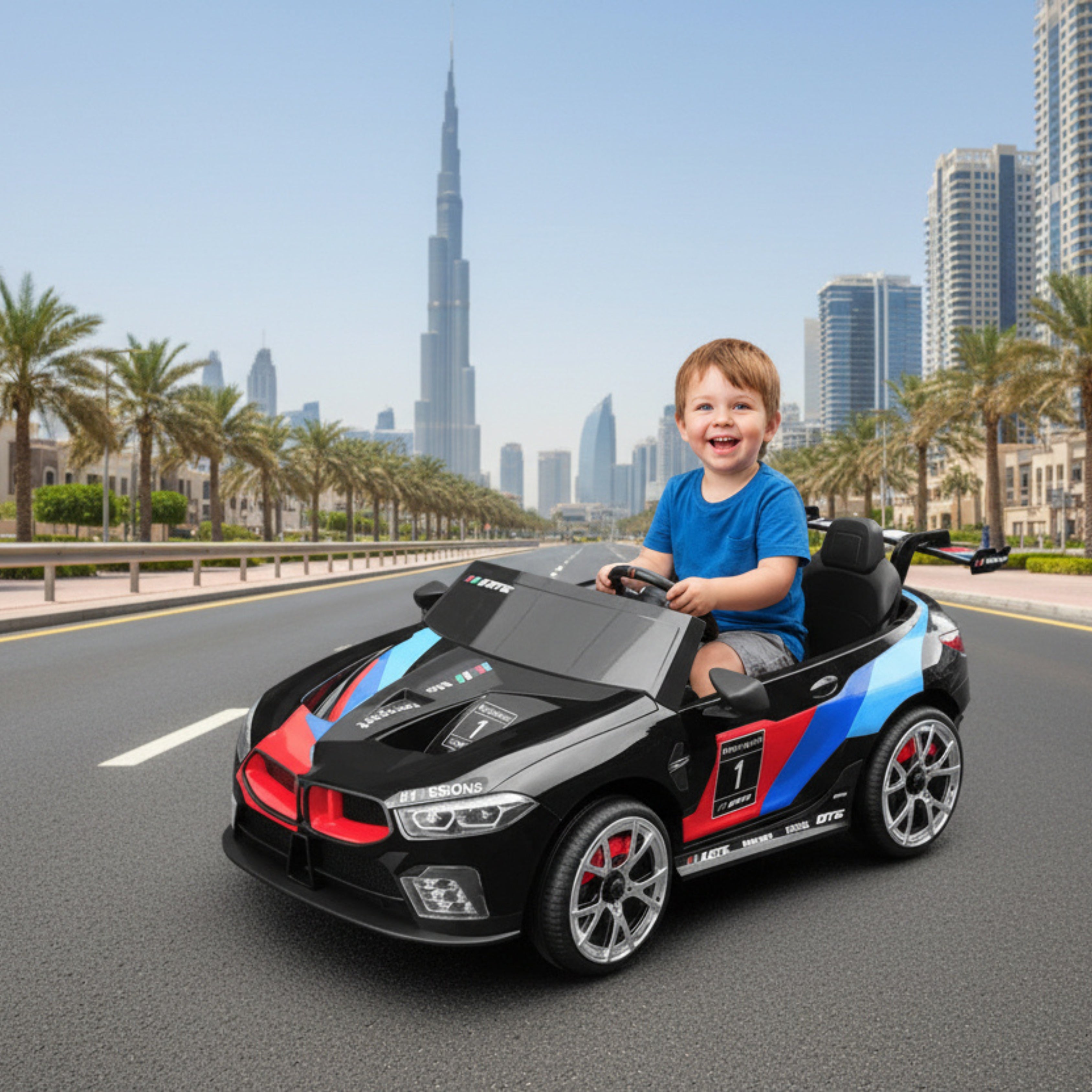Kid in M8 GTE Style Racing Electric Ride-On Car for Kids with a cityscape