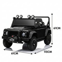 Black toy Land Rover Defender with dimensions indicated