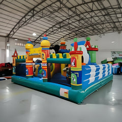 Colorful inflatable playground structure in a large indoor area.