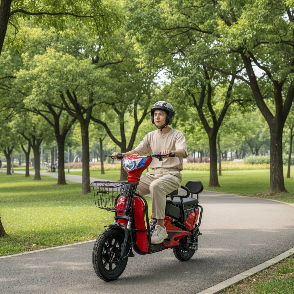 A person rides on an Electric Scooter M1 Powerful Electric Delivery Bike