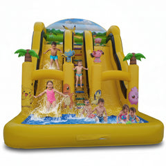 Yellow inflatable slide with cartoon characters