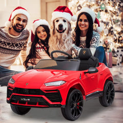 Family with a child wearing a Christmas hat sitting red toy car