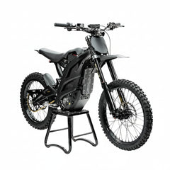 Black Ventus 1 + Off Road Electric Dirt Bike on a black metal stand