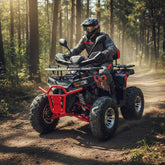 Person riding a red ATV 135 CC Quad Bike off-road Power Wheels
