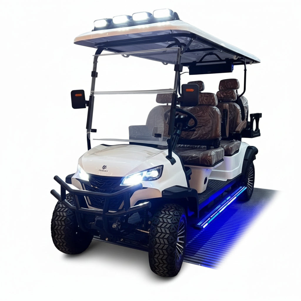 White golf cart with 6 seats