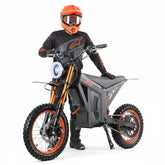 Electric dirt bike with orange accents on a white background