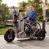 A person using a modified electric scooter with a sidecar