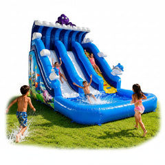 Children playing on an inflatable water slide