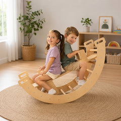 Customized Two children sitting on a wooden rocking toy in a room