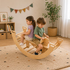 Two Kids playing on a Customized wooden rocking toy
