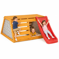 Kids playing on a wooden playset with a red slide