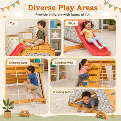 Children playing on a wooden play set with slides, climbing rope, and tunnel.